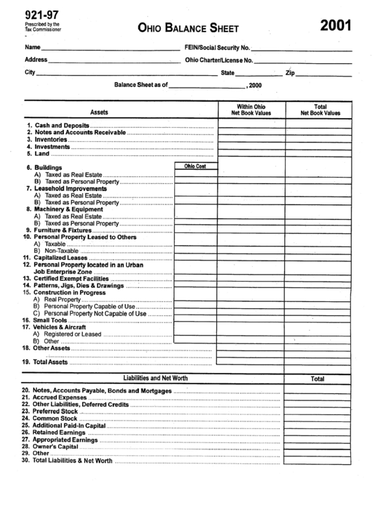 Form 921-97 - Ohio Balance Sheet - 2001 Printable pdf