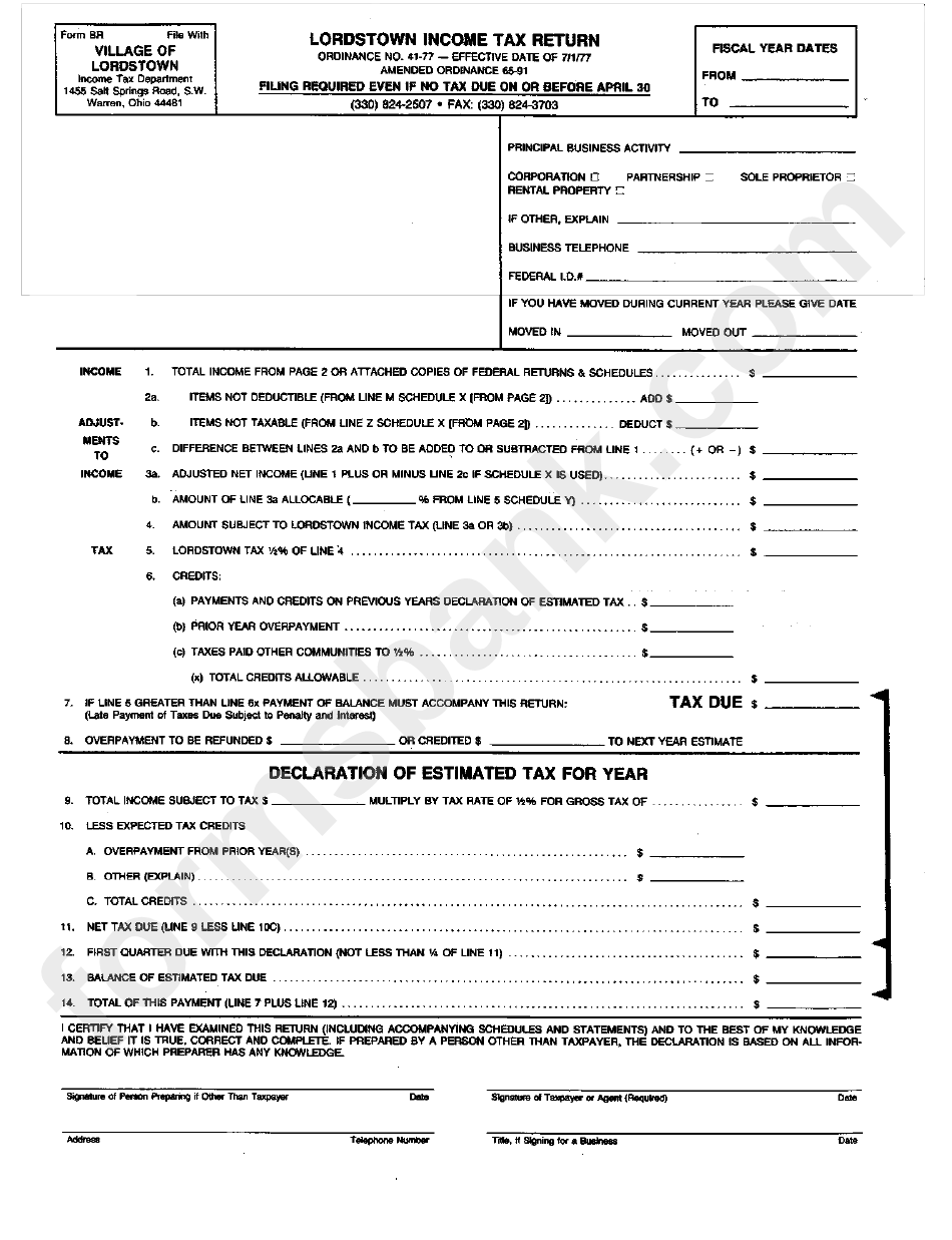 Form Br - Income Tax Return - City Of Lordstown