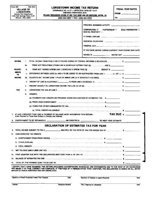 Form Br - Income Tax Return - City Of Lordstown Printable pdf