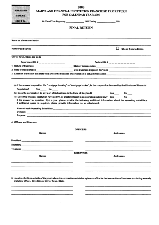 Form Sdat 26 - Maryland Financial Institution Franchise Tax Return - 2000 Printable pdf