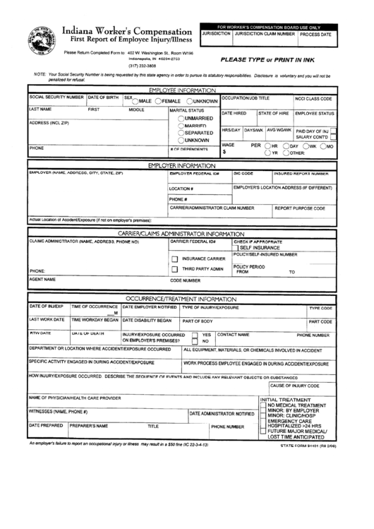Fillable State Form 24401 - First Report Of Employee Injury/illness - Indiana Workers Compensation Printable pdf