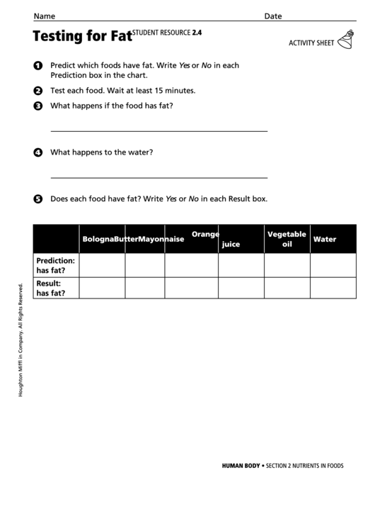 Activity Sheet - Testing For Fat Printable pdf