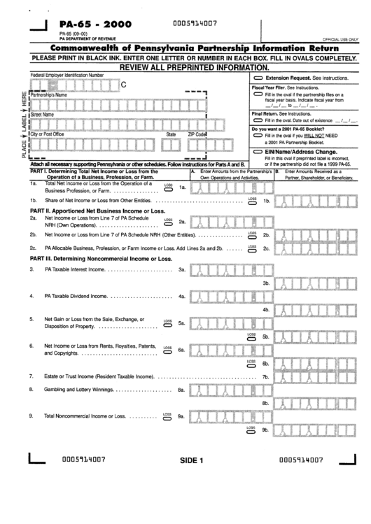 Form Pa65 Partnership Information Return 2000 printable pdf download
