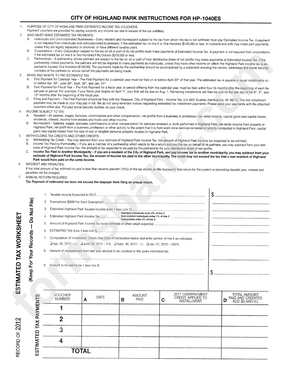 Instructions For Form Hp-1040es - Estimated Income Tax Voucher - City Of Highland Park
