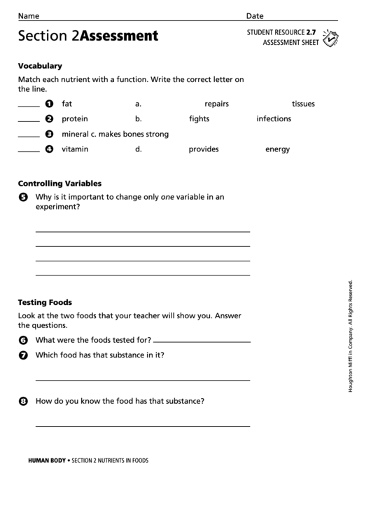 Assessment Sheet - Nutrients In Foods Printable pdf