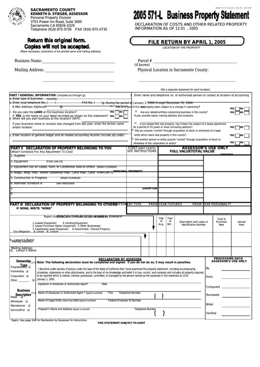 Form 571-L - Business Property Statement - 2005 Printable pdf