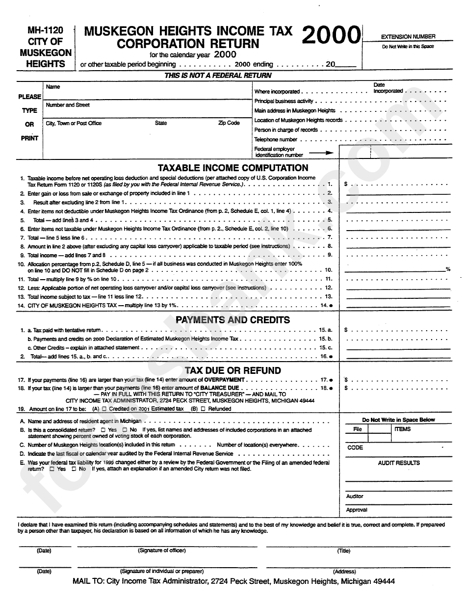 Form Mh-1120 - Income Tax Corporation Return - 2000