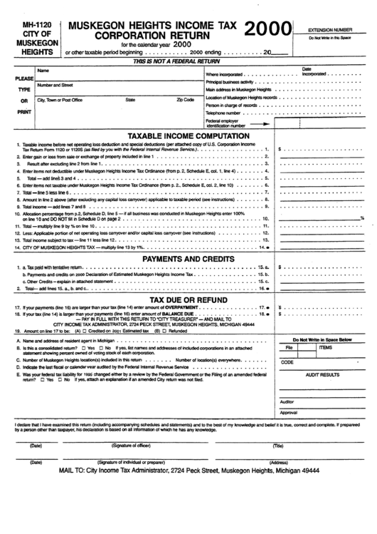 Form Mh-1120 - Income Tax Corporation Return - 2000 Printable pdf