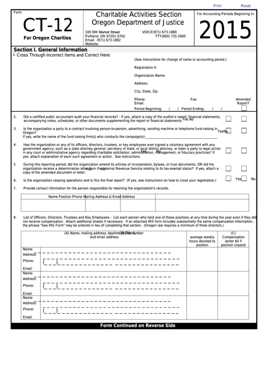 Fillable Form Ct-12 - Tax Return For Oregon Charities - 2015 Printable pdf