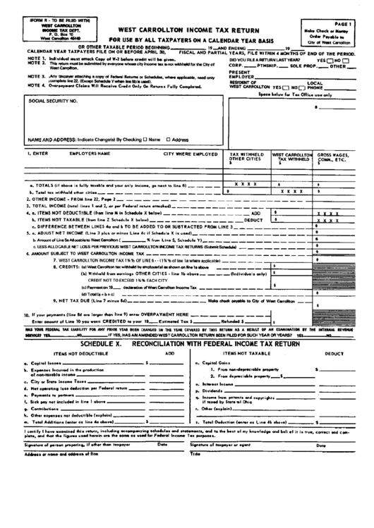 Form R - Income Tax Return - City Of West Carrolltom Printable pdf