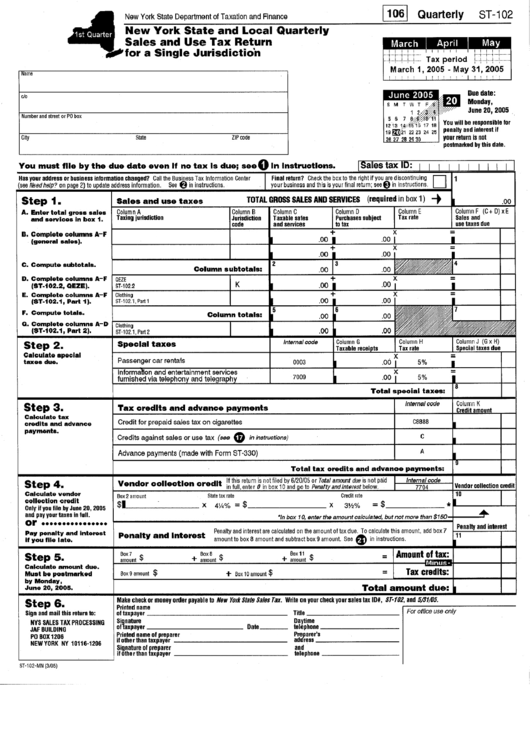 Form St-102 - New York State And Local Quaerterly Sales And Use Tax Return For A Single Jurisdication Printable pdf
