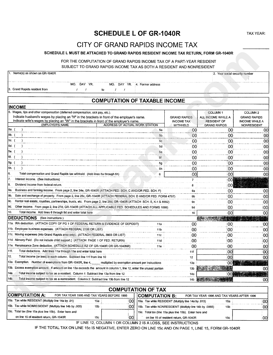 Schedule L (Form Gf-1040r) - Income Tax - City Of Grand Rapids
