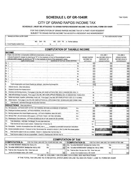 Schedule L (Form Gf-1040r) - Income Tax - City Of Grand Rapids Printable pdf