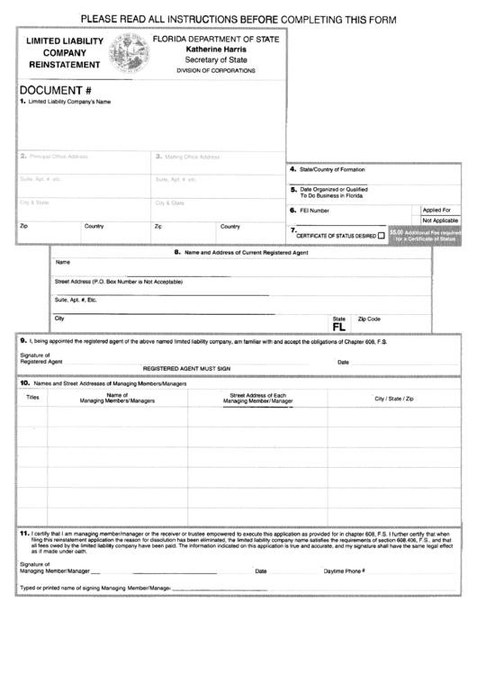 Limited Liability Company Reinstatement - Florida Secretary Of State Printable pdf