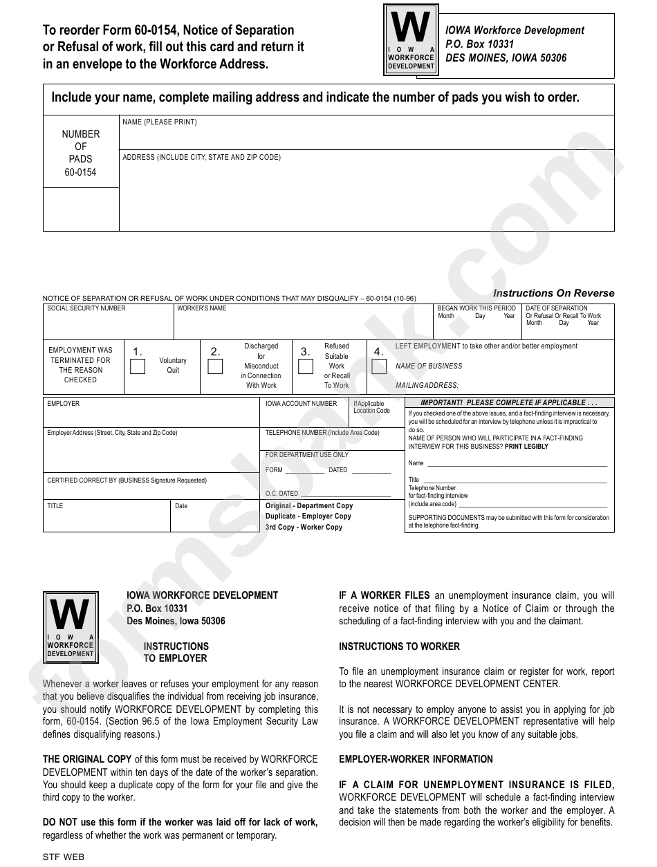 Form 60-0154 - Notice Of Separation Or Refusal Of Work Under Conditions That May Disqualify - 1996