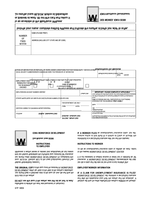 Fillable Form 60-0154 - Notice Of Separation Or Refusal Of Work Under Conditions That May Disqualify - 1996 Printable pdf