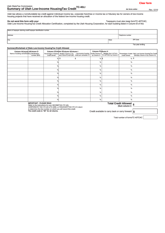 Fillable Form Tc-40li - Summary Of Utah Low-Income Housing Tax Credit Printable pdf