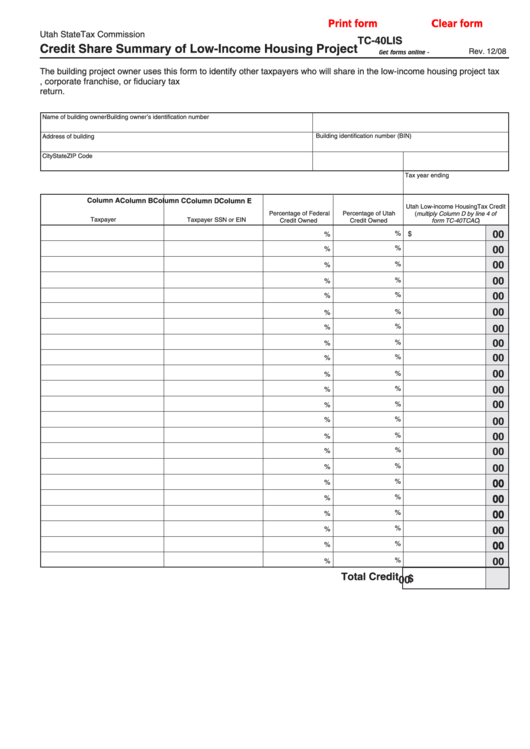 Fillable Form Tc-40lis - Credit Share Summary Of Low-Income Housing Project Printable pdf