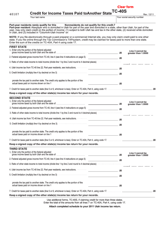 Fillable Form Tc-40s - Credit For Income Taxes Paid To Another State Printable pdf