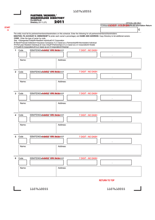 Fillable Form Pa-20s/pa-65 - Partner/member/ Shareholder Directory - 2011 Printable pdf