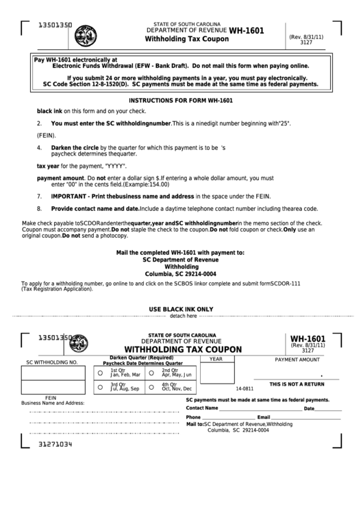 Form Wh-1601 - Withholding Tax Coupon Printable pdf