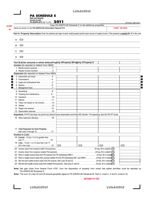 Fillable Form Pa-20s/pa-65 E - Pa Schedule E - Rent And Royalty Income (Loss) - 2011 Printable pdf