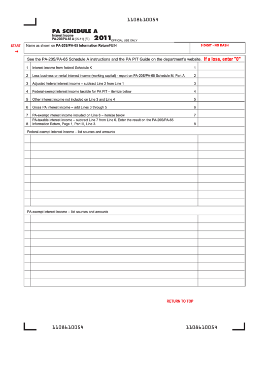 Fillable Form Pa-20s/pa-65 A - Pa Schedule A - Interest Income - 2011 Printable pdf