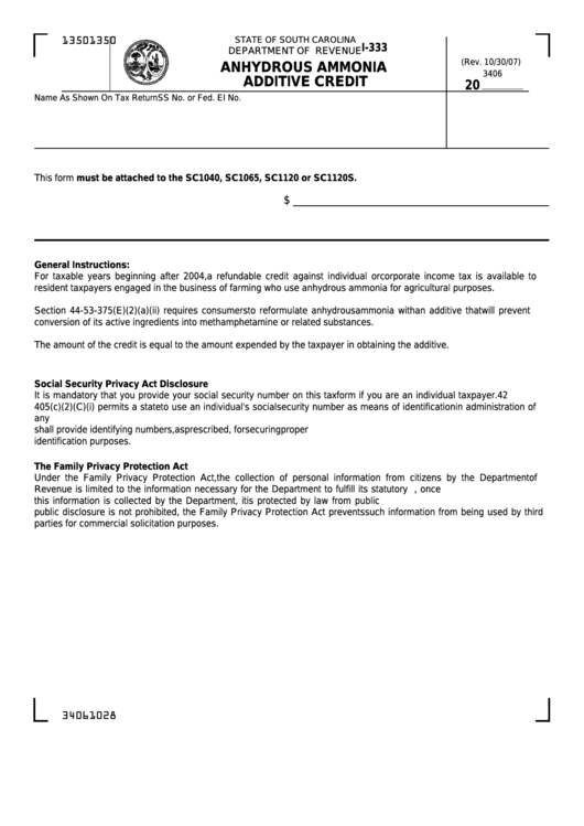 Form I-333 - Anhydrous Ammonia Additive Credit Printable pdf