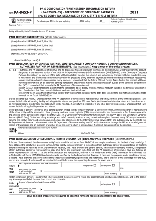 Form Pa-8453-P - Pa S Corporation/partnership Information Return (Pa-20s/pa-65) - Directory Of Corporate Partners (Pa-65 Corp) Tax Declaration For A State E-File Return - 2011 Printable pdf