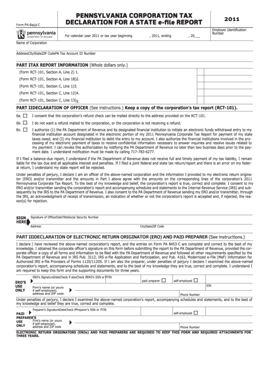 Form Pa-8453-C - Pennsylvania Corporation Tax Declaration For A State E-File Report - 2011 Printable pdf