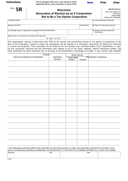 Fillable Form 5r - Wisconsin Revocation Of Election By An S Corporation Not To Be A Tax-Option Corporation Printable pdf