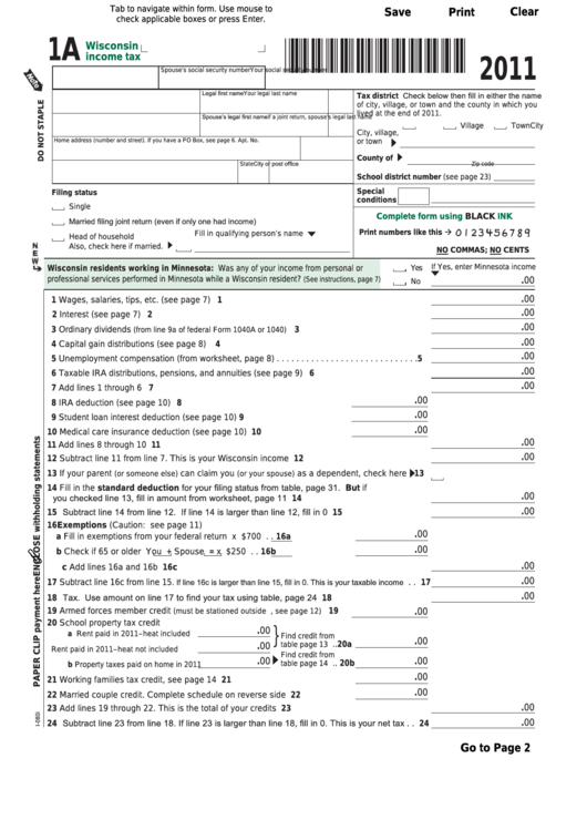 Fillable Form 1a - Wisconsin Income Tax - 2011 Printable pdf