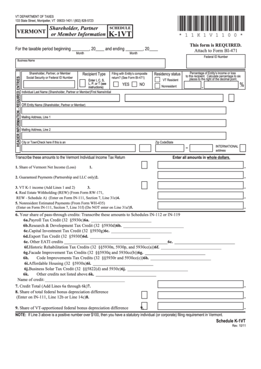 Fillable Schedule K-1vt - Vermont Shareholder, Partner Or Member Information - 2011 Printable pdf