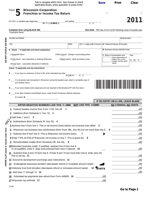 Fillable Form 5 - Wisconsin Corporation Franchise Or Income Tax Return - 2011 Printable pdf