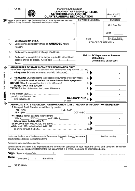 Form Wh-1606 - Sc Withholding Fourth Quarter/annual Reconciliation Printable pdf