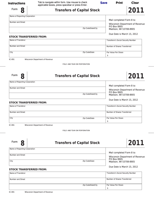 Fillable Form 8 - Transfers Of Capital Stock - 2011 Printable pdf