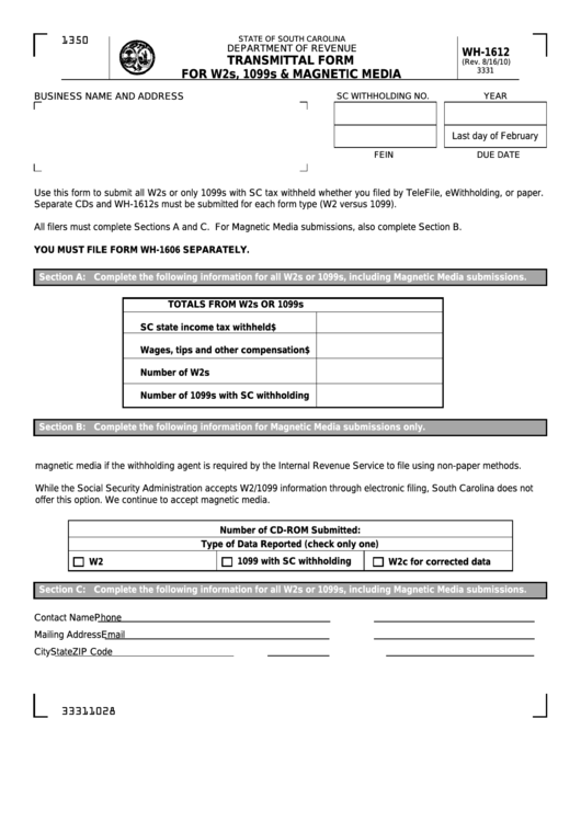 Form Wh-1612 - Transmittal Form For W2s, 1099s & Magnetic Media Printable pdf