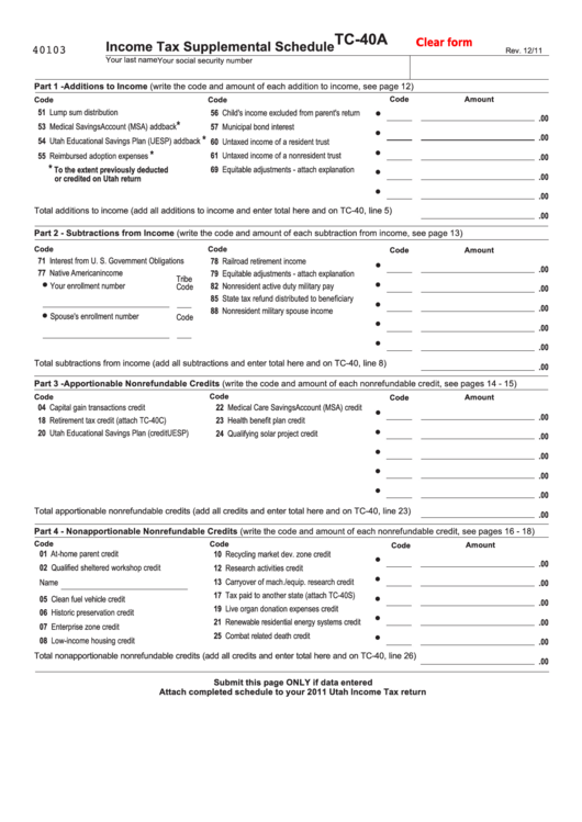 Fillable Form Tc-40a - Income Tax Supplemental Schedule Printable pdf