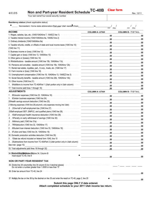 Fillable Form Tc-40b - Non And Part-Year Resident Schedule Printable pdf
