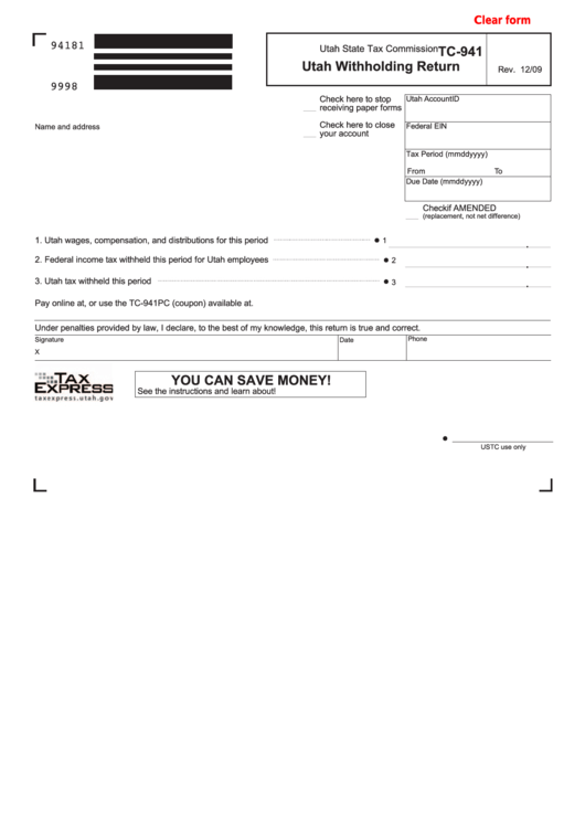 Fillable Form Tc-941 - Utah Withholding Return Printable pdf