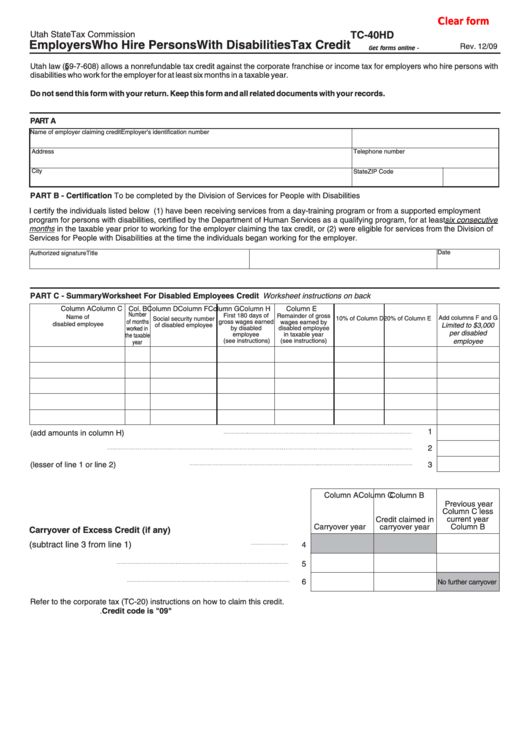 Fillable Form Tc-40hd - Employers Who Hire Persons With Disabilities Tax Credit Printable pdf