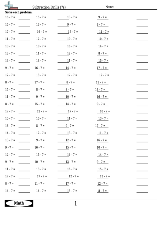 Subtraction Drills (7s) - Subtraction Worksheet With Answers printable ...