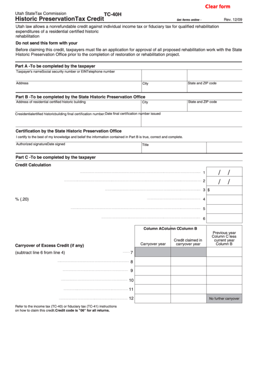 Fillable Form Tc-40h - Historic Preservation Tax Credit Printable pdf