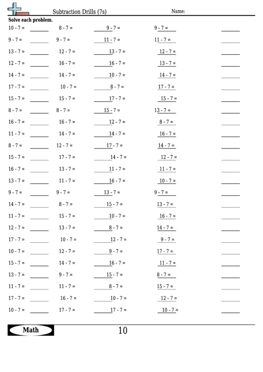 Subtraction Drills (7s) - Subtraction Worksheet With Answers printable ...