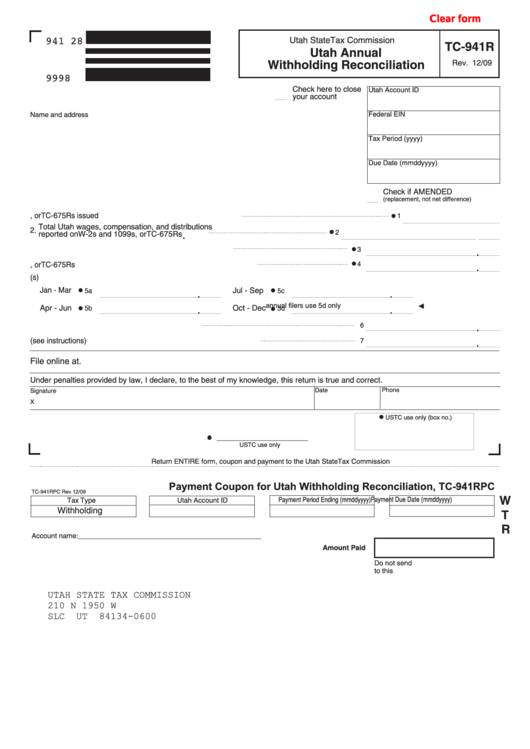 Fillable Form Tc-941r - Utah Annual Withholding Reconciliation Printable pdf