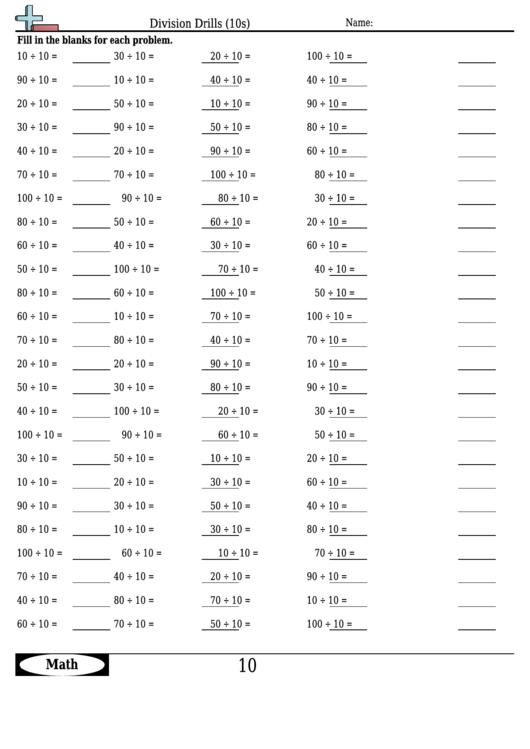 Division Drills (10s) - Division Worksheet With Answers printable pdf ...