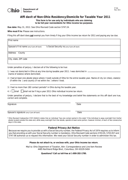 Form It Da - Affidavit Of Non-Ohio Residency/domicile For Taxable Year 2011 Printable pdf