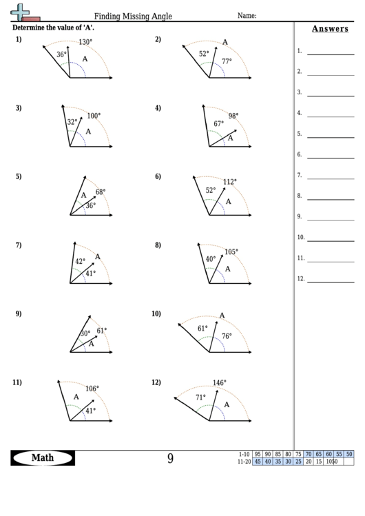 Finding Missing Angles - Geometry Worksheet With Answers Printable pdf