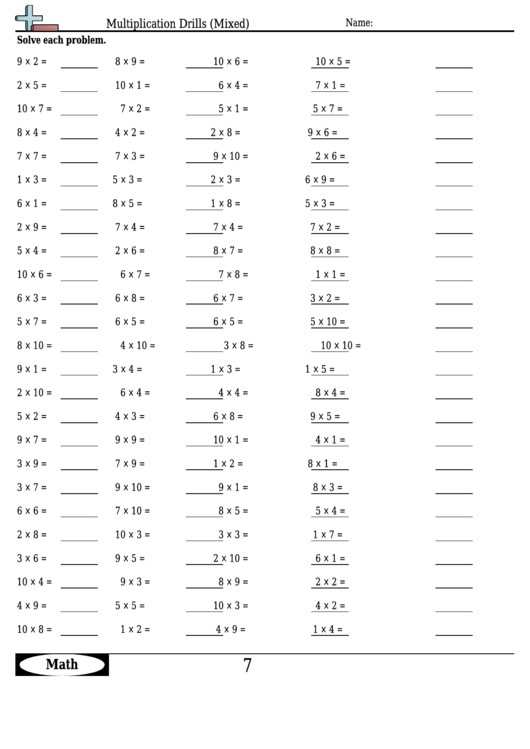 Multiplication Drills (Mixed) - Multiplication Worksheet With Answers Printable pdf