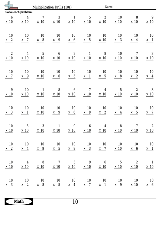 Multiplication Drills (10s) - Multiplication Worksheet With Answers 